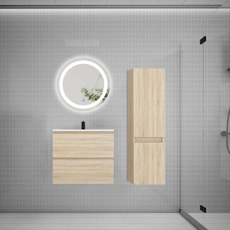 Aica Sanitaire – Ensemble meuble de salle de bain 60cm – 2 tiroirs – Lavabo céramique avec trop-plein – Miroir LED 60cm – Colonne chêne easy
