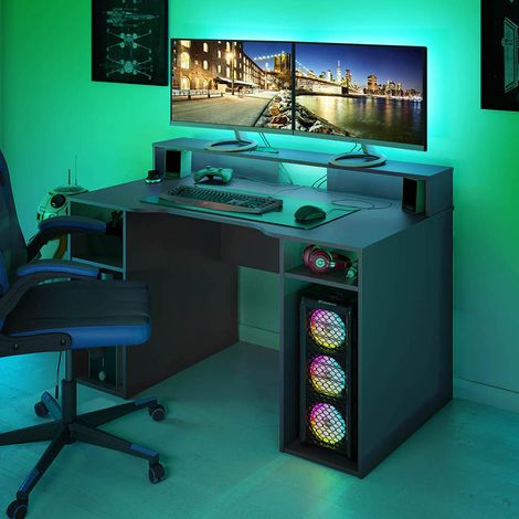 Pegane – Bureau gamer anthracite en bois MDF – Dimensions 88 x 136 x 67 cm – Butoirs ABS antibruits et anti-rayures – Supporte jusqu'à 25 kg (1/4)
