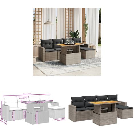 Salon de jardin 6 pcs avec coussins gris résine tressée - Ensemble Salon De Jardin - Meuble Extérieur - Résine Tressée - Rotin Synthétique - Table Extensible - Home & Living (1/3)