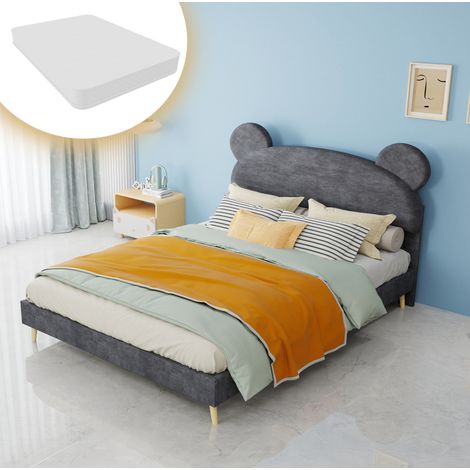 Letto per bambini moderno in tessuto grigio 140x200 cm con testiera a orecchie d’orso e materasso a molle insacchettate (1/5)