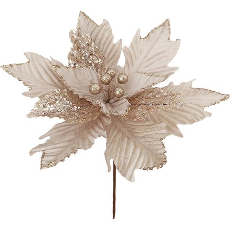 Fleur Artificielle Poinsettia - Décoration Arbre De Noël Fête Mariage Intérieur - 34 x 28 x 28 cm - Khaki - 1 Pièce (1/5)