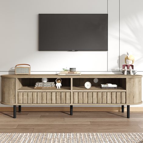 Meuble TV 160 cm en bois massif, style rustique, avec 2 tiroirs, étagères de rangement et 5 pieds, design ovale - Convient aux téléviseurs de 65 pouces - Couleur chêne