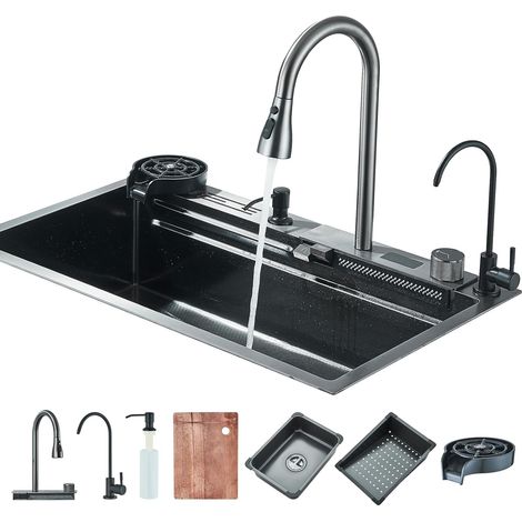 Évier de Cuisine Évier à cascade numérique évier en acier inoxydable avec distributeur de savon robinet extractible Jeu complet d'accessoires de Ensemble dÉvier Domestique (75x45cm, Noir-Gris)ZAMERY (1/4)