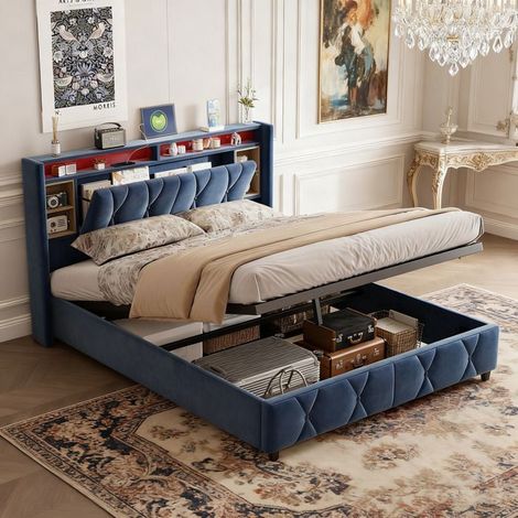 Cama lit 140x190, con somier de lamas, LED y puertos USB - cabecero con almacenamiento - terciopelo gris