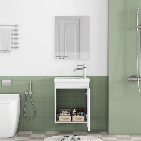 Mobile lavabo sospeso 40 cm bianco lucido, con lavabo in ceramica e specchio, MDF (1/5)