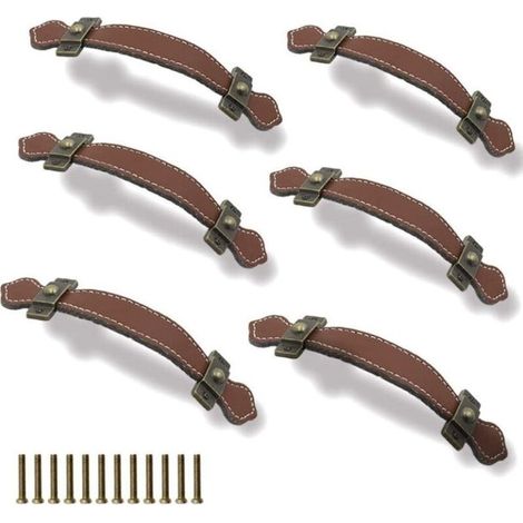 6 Pièces Poignées Tiroir Cuir 128mm Poignée de Valise Vintage Poignée pour Meuble Armoire avec Vis Marron (1/4)