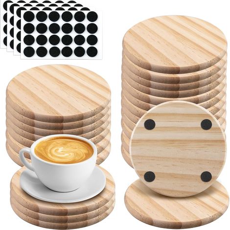 Set di 24 sottobicchieri in legno - Sottobicchieri rotondi in legno con tappetino antiscivolo per fiori, piante, bevande, birra, bicchieri (10 x 10 x 0,8 cm) (1/5)
