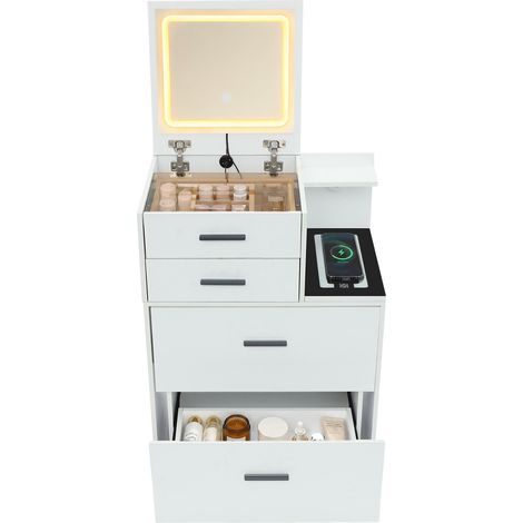 Coiffeuse avec Tabouret, Meuble de Maquillage Moderne Blanc avec Miroir LED 3 Couleurs, Rangement Pratique, MDF et Verre Trempé, pour Chambre, Appartement, Dortoir, Studio, 60 x 40 x 118 cm (1/5)