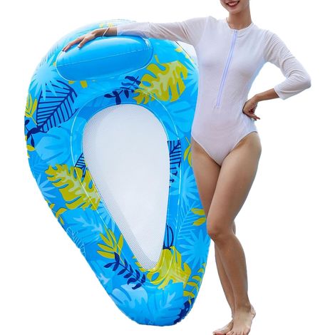 Tumbona hinchable para piscina, flotante con estampado de hojas de arce y reposacabezas, tumbona flotante de agua de 145 x 95 x 43 cm, azul. (1/5)