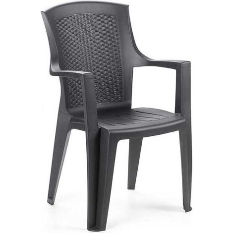 Progarden – Fauteuil de jardin empilable en résine anthracite effet rotin – Dossier haut et accoudoirs – Résistant aux intempéries – Dimensions 62x60x89cm