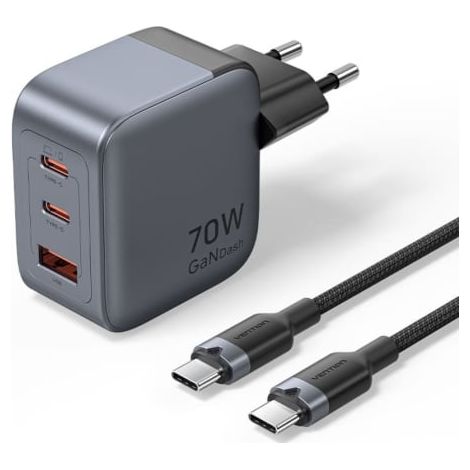 Cargador de Pared GaN Vention TZ-FEXH0-EU/ 2xUSB Tipo-C/ 1xUSB + Cable USB Tipo-C/ 70W