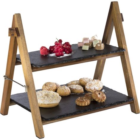 APS serve rack/etagere - rack a 2 livelli in legno di acacia con due piatti di ardesia - pieghevole, lavabile - adatto anche per piatti freddi e per la refrigerazione (1/4)