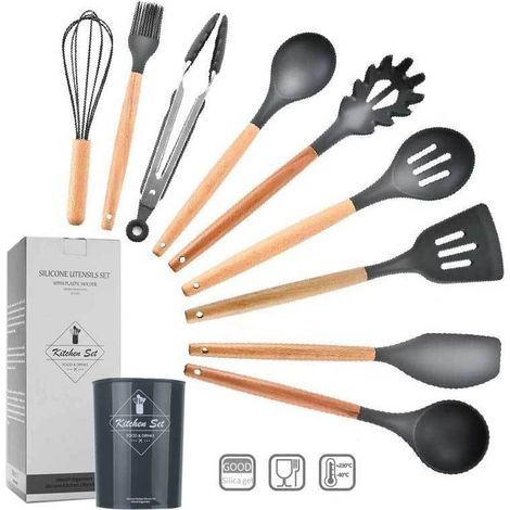 Lot de 12 ustensiles de cuisine, poignées en bois résistant à la chaleur, ustensiles de cuisine antiadhésifs, gris, facile à nettoyer (1/4)