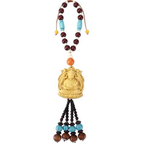 Ornement de Suspension Intérieur Bouddha en Bois de Buis Jaune, Décor Porte-Bonheur pour Voiture (1/5)