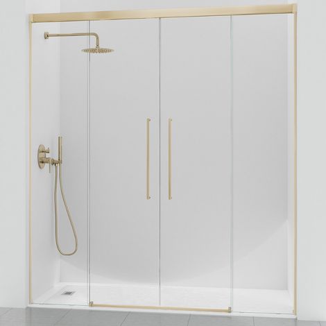 KASSANDRA PAVÍA Mampara Frente Ducha 2 Fijo + 2 Puertas Correderas Oro Cepillado Transparente - Medida: 136-140 cm - ref: AI1003616S200136