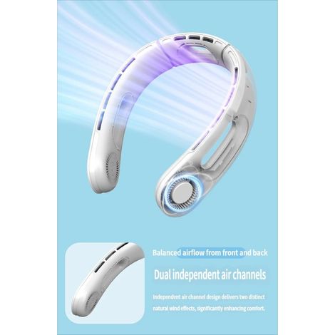 Ventilateur de Cou - Rafraîchissant Mains Libres - Flux air 3 côtés 4 vitesses USB - Léger sans pales intérieur extérieur - Blanc (1/4)