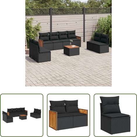 vidaXL Gartensessel - 9-tlg. Garten-Sofagarnitur mit Kissen Schwarz Poly Rattan (1/5)
