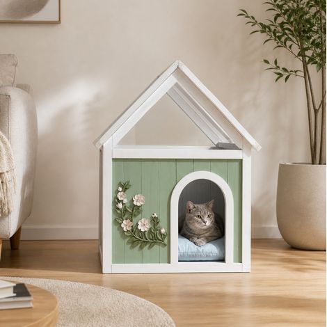 Casetta per gatti in legno con tetto in acrilico, stile casetta, per gatti e cani piccoli (1/5)