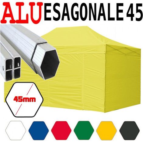 Gazebo 3x4,5 m giallo pieghevole alluminio piantone esagonale 45mm portatile estendibile richiudibile estensibile acciaio con laterali per fiere eventi stand chiosco tenda tendone mercato mercatino (1/5)