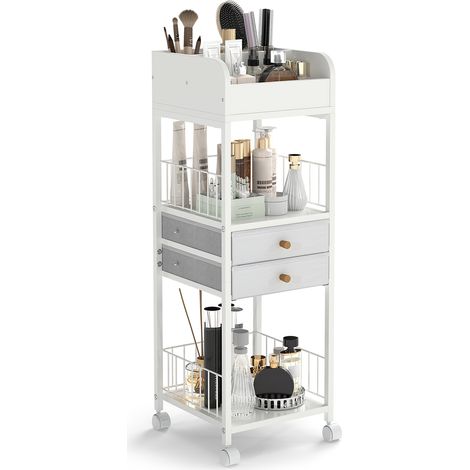 Tour de Rangement avec Tiroirs, Étagères, Roues, Support de Présentation pour Cosmétiques, Outils de Coiffure Taille Compacte, 30 x 30 x 90 cm, Blanc (1/5)