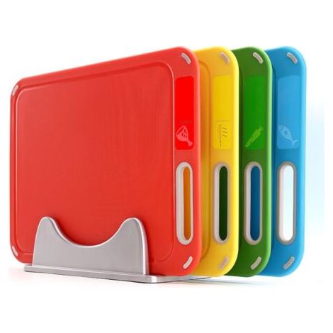 Planche à découper en plastique avec grille de rangement, sans BPA, pack de 4, empêche la contamination croisée de différents aliments, va au lave-vaisselle, taille de la planche à découper : 33,328,3 (1/5)