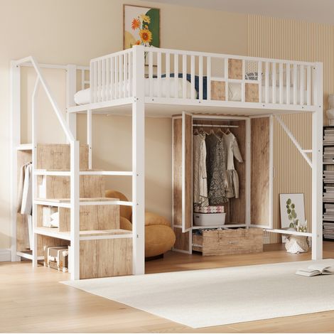Bett Hochbett 140x200 cm modern aus Metall und Holz in Weiß mit Kleiderschrank, Schublade, Stauraumleiter und Lattenrost (1/5)