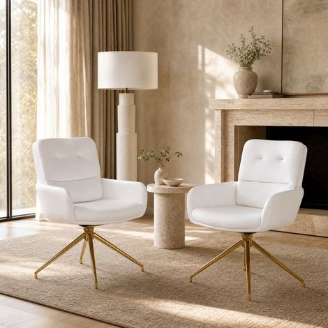 2 sillas de comedor 55 x 50 x 85 cm, PU blanco, metal dorado, estilo moderno FloraGrace (1/5)