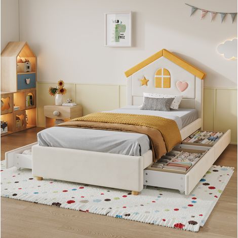 Kinderbett 90x200 cm Hausbett Polsterbett in Beige, Kinderbett mit 4 Schubladen, Stauraumbett für Kinderzimmer, Jugendbett mit französischem Samt, gepolstertes Bett mit Haus-Kopfteil (1/5)