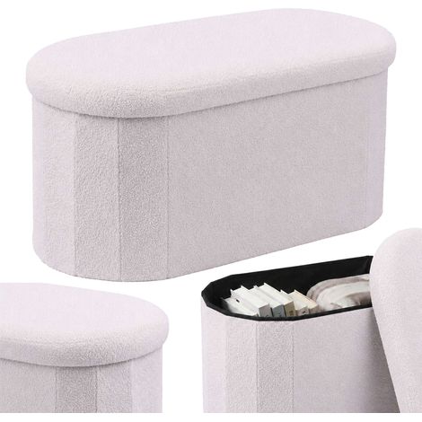 Panca contenitore in tessuto Teddy bianco – Seduta ovale imbottita (1/5)