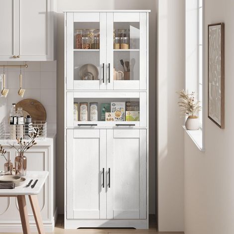 Küchenschrank 170cm Weiß Weißeiche mit 4 Fächern, 2 Holz- & 2 Glastüren, Hochziehschublade (1/5)