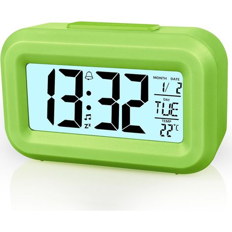 Digital Wecker Nachttisch,LCD Display Tischuhr mit Snooze,12/24 Stunden,Datum,Temperaturanzeige,Timer-Funktion,Batteriebetrieben für Schlafzimmer Home Office Reisen(Grün) (1/5)