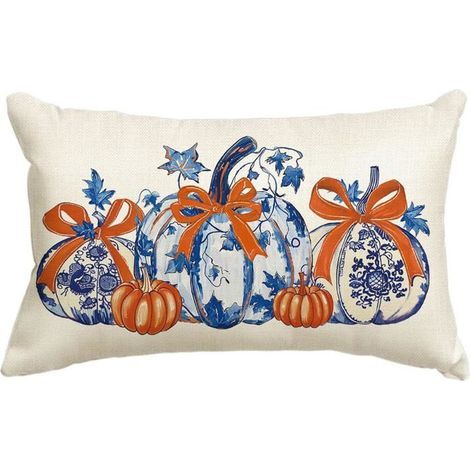 Chinese-style decorative cushion cover, autumn pumpkin pattern, 30 x 50 cm, blue and orange, seasonal decor for sofa