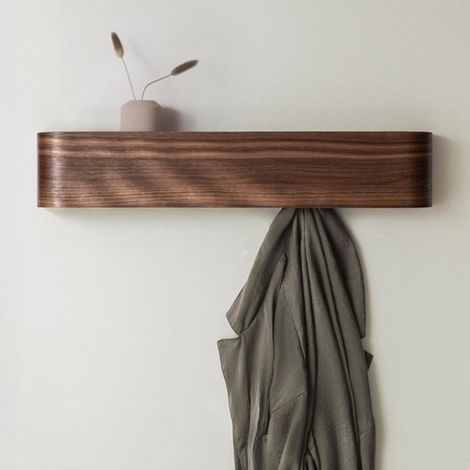 Étagère murale - porte-manteau avec crochets - porte-manteau - étagère de rangement - crochets dissimulés - bois - noyer (1/5)