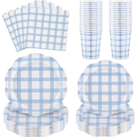 Kit Vaisselle Jetable Vichy Bleu Clair, 96 Pièces, 24 Pers.