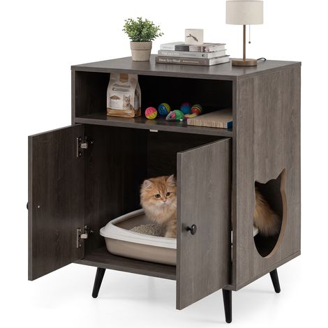 COSTWAY Modern Cat Litter Box Enclosure Hidden Cat Washroom Furniture