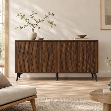 Aparador vitrina 140x35x70 cm MDF nogal, 4 puertas para comedor - CHICFURN (1/5)