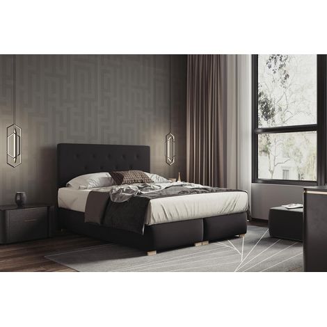 Lit adulte 160x200 cm LUPIN - avec matelas ressorts intégrés, rangement et surmatelas - tissu velours – noir (1/5)
