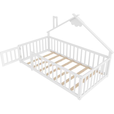 Cama infantil casita 90 x 190 cm con barrera y cierre, pino y MDF, blanca (1/5)