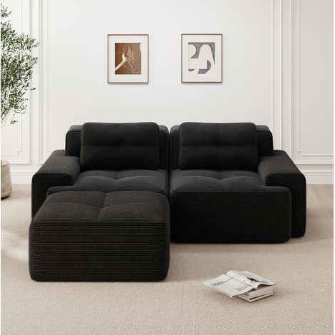Divano modulare angolare a L 2 posti in velluto a coste nero, seduta profonda, con ottomano OKWISH (1/5)
