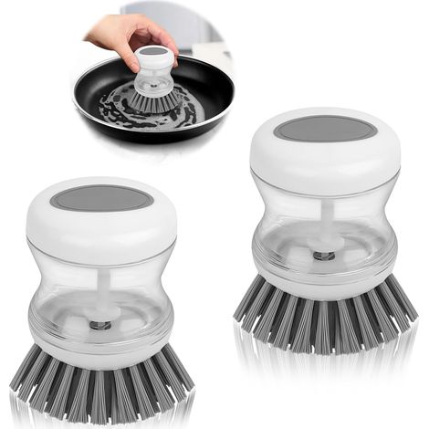 Cepillo para platos con dispensador de líquido (2 unidades), cepillo para platos con dispensador de empuje, para limpiar ollas, sartenes, estufas y utensilios de cocina. (1/5)