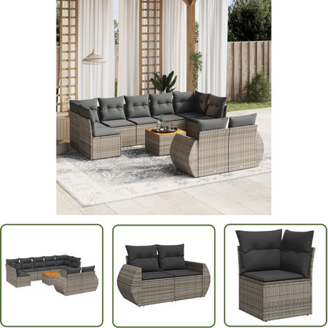The Living Store 10-tlg. Garten-Sofagarnitur mit Kissen Grau Poly Rattan - Gartensorte - Gartenmöbelset - Esstischgarnitur - Lounge Möbel - Outdoor Furniture (1/5)
