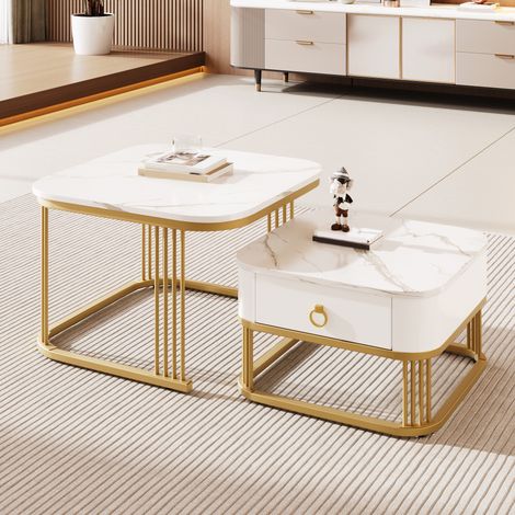 Table basse empilable : finition brillante aspect marbre, accents dorés, table d'appoint avec tiroirs. Coffret de 2 pièces. (1/5)