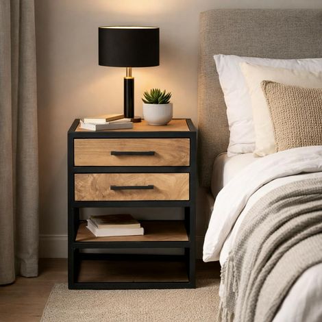 Table de chevet 2 tiroirs en bois clair moderne MILORA (1/5)