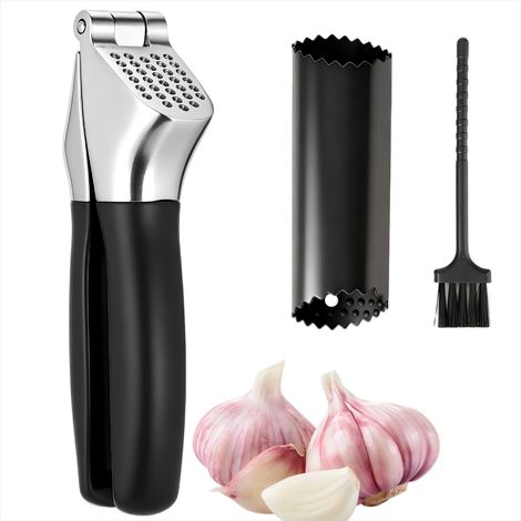 Presse Ail 3 pièces, Écrase Ail avec Éplucheur et Brosse de Nettoyage, Ustensile de Cuisine en Alliage de Zinc et Nylon, Presse-Ail Manuel pour Ail Frais, Noir (1/5)