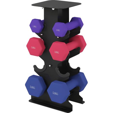 Ensemble de 3 paires d'haltères avec support de rangement, poignées antidérapantes, haltères hexagonales de 1 à 5 kg (1/5)