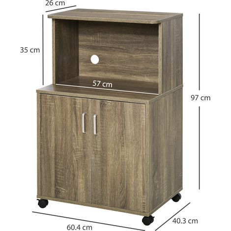Meuble de cuisine multifonctionnel (avec 4 roulettes, placard et étagère pour micro-ondes), 60,4 x 40,3 x 97 cm - Gris (1/5)