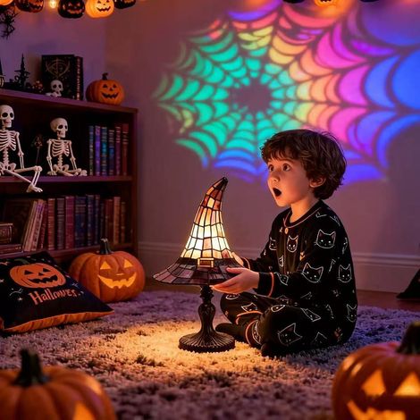Lampe de table chapeau de sorcière d’Halloween 18 cm, veilleuse d’ambiance gothique créative, objet décoratif en résine pour décoration intérieure (1/2)