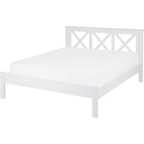 Cama doble de madera blanca 140 x 200 cm con cabecero decorativo diseño rústico Tannay
