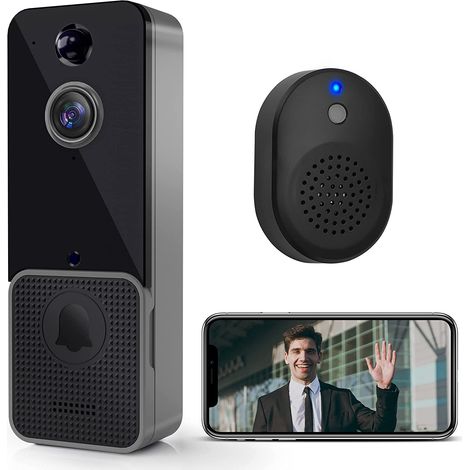 Sonnette vidéo sans fil intelligente avec horloge, détection de mouvement et alarme, audio bidirectionnel, vision nocturne et vidéo HD.-AquaForge