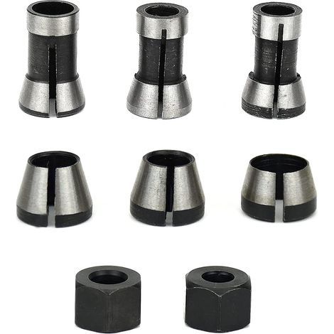 6Pcs Mandrin de Fraiseuse, 6 mm 6.35 mm 8 mm Collet Mandrin Affleureuse, Mandrin de Fraise à Bois, Pince de Serrage Defonceuse, Adaptateurs de Pince pour Machine à Graver +2 Écrous (1/5)